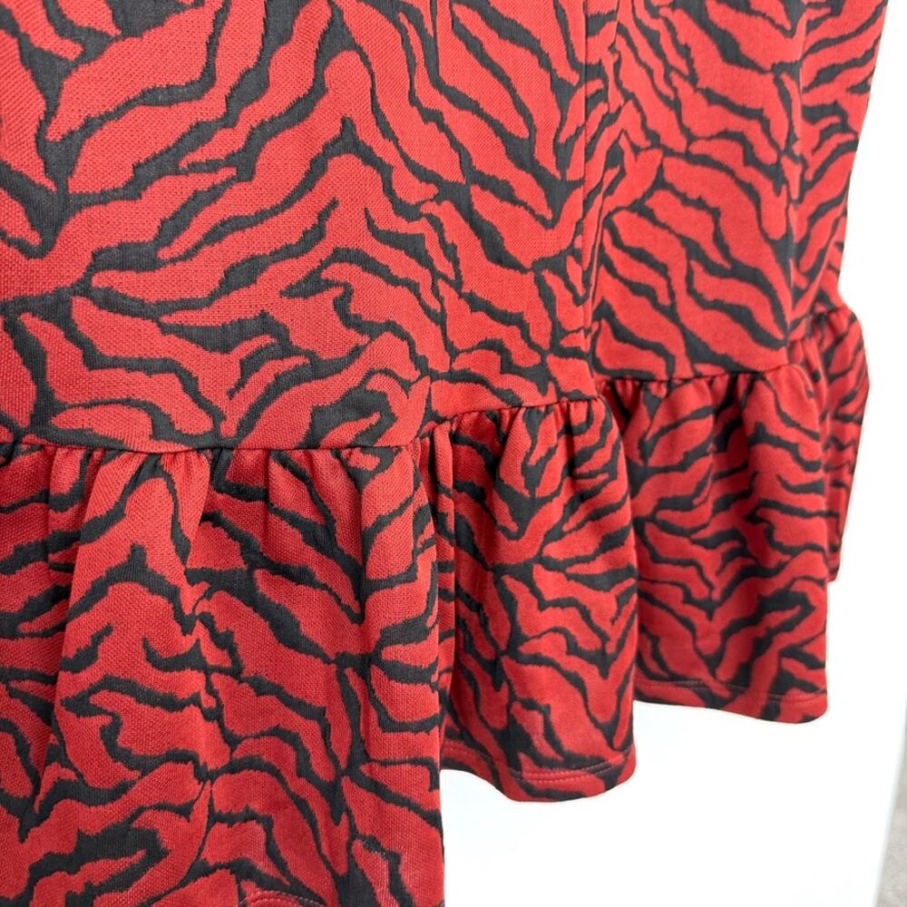 ZARA Animal Print Mini Dress Red Black Short Sleeve‎ Smocked Neck Drop Waist S - Picture 6 of 6